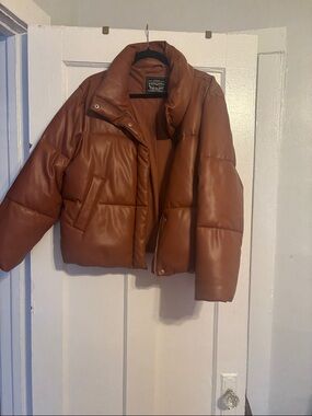 Levi's Faux Leather Puffer Jacket in Cognac Brown